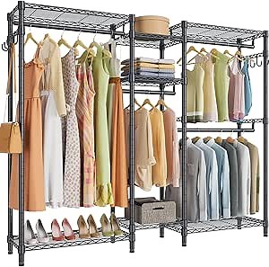 Heavy Duty Clothes Rack for Hanging Clothes, Large Garment Rack with Shelves Portable Closet Wardrobe Freestanding Adjustable Metal Clothing Racks for Bedroom, Black