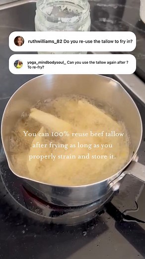 Did you know you can reuse beef tallow for frying multiple times? Once used, strain out any leftover potatoes or impurities through a sieve and let cool back in it's original glass jar or on a small cermaic bowl. Re-use for frying In fact our founder, @catherine_farrant, reuses her beef tallow often follow her to find out more. #BeefTallow #SustainableCooking #ReuseAndSave #ossaorganic #itsagutfeeling | Ossa Organic