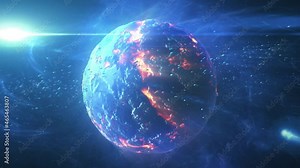Destroyed planet in deep space with asteroids and sun flares Cinematic view of destroyed death star after meteor asteroids impact