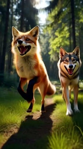 A wolf is running after a fox in a beautiful forest