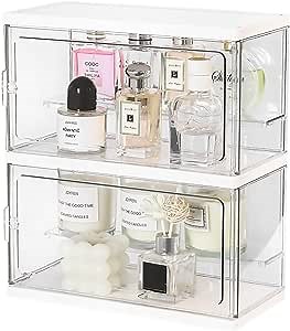 WMM Stackable Makeup Organizer Storage | 2 Piece Set | 6.11'' Tall Acrylic Clear Storage Containers Bins Cosmetics Storage Display Case for Vanity, Cabinet, Shelf, Cupboard or Closet Organization