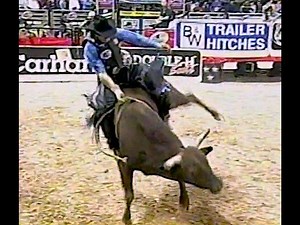 Thomas Taylor's 4J Pandora's Box bucks off Guilherme Marchi during the short round at the 2004 PBR World Finals. Bull score: 45.5 points. | All Things Roughstock