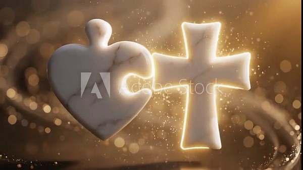 Heart and Cross Puzzle Connection - This video shows a heart and a Christian cross as puzzle pieces joining together.