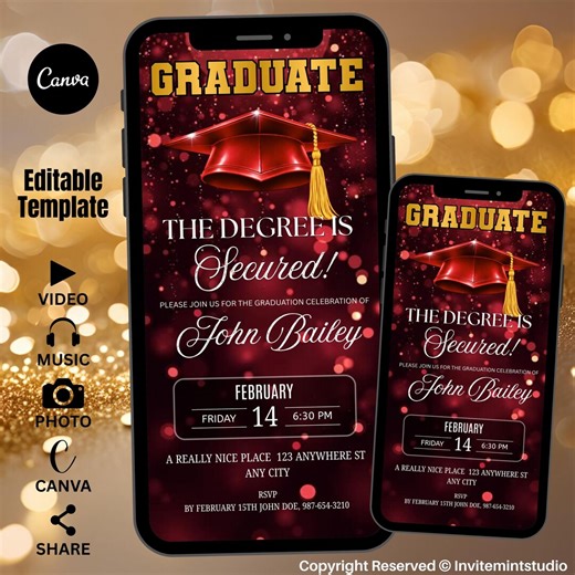 Animated Red Graduation Invitation, Editable Degrees Secured Template, College Grad Dinner Evite, Celebration Digital Invite, PDF Download - Etsy UK