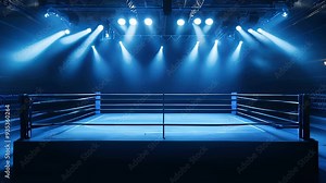 A boxing ring in an arena with a blue background and lights. Intense and exciting scene.