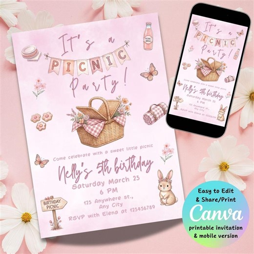 Picnic Birthday Invitation Template, Pastel Spring Picnic Party Invite, Editable Canva (printable   Mobile Version) - Etsy