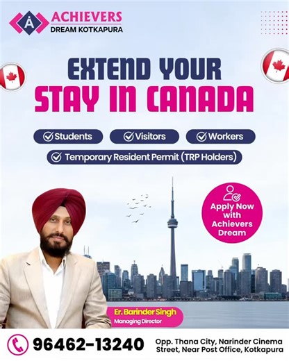 Barinder Singh - Visa Expert on Instagram: "Apply Study Permit Extension | Post Graduate Work Permit | Work Permit Extension | Canada Study | Spouse | Visitor Visa with Achievers Dream Kotkapura to fulfill your dreams. Contact: Achievers Dream Kotkapura- Opp. Thana City , Moga Road , Near Post Office, Prem Nagar , Kotkapura, District Faridkot, Punjab. # 9646213240 , 9988245240 #canada #canadavisa #canadastudyvisa #canadastudentvisa canadaminor visa trendingreel trendingreelsvideo"