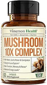 Mushroom 10x Complex with Lions Mane Extract, Turkey Tail, Cordyceps, Reishi, Shiitake, Chaga & Maitake for Cognitive Support – Vegan Mushroom Supplement Blend for Natural Energy & Focus – 60 Capsules