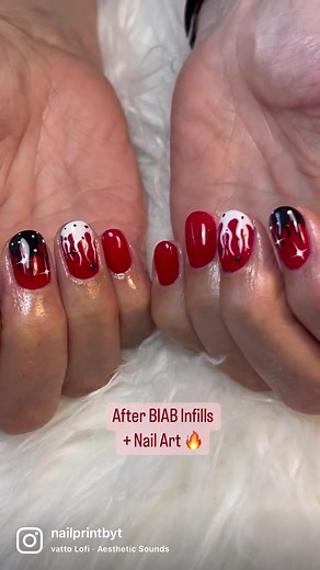 BIAB never disappoints me 💕👌🏽💅🏽 #gelnails #manicure #nailart #handpainted #newnails #biabnails #biab #shortnails #naturalnails #rednails #flamesnails #flamesnailart