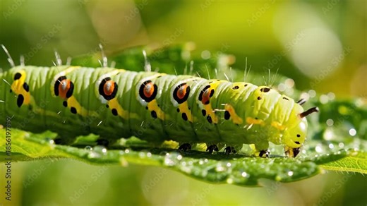 Green caterpillar with detailed markings moving slowly on a dewy leaf, a close up view of an insect in nature.