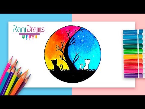 Cómo dibujar un PAISAJE DE DÍA Y NOCHE gatos - ideas de paisajes fáciles