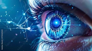 Close-up of a blue bionic eye with a glowing data network overlay, symbolizing future vision tech
