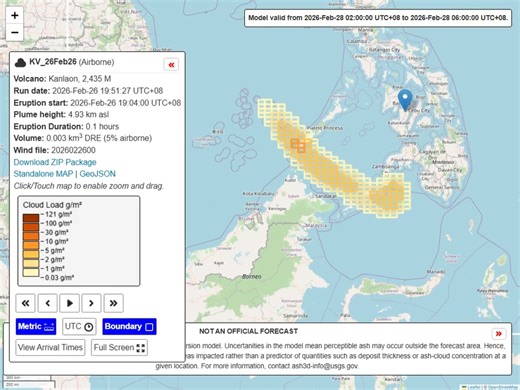 DOST-PHIVOLCS USES ASH3D MODEL TO MONITOR KANLAON ASHFALL WATCH: DOST-PHIVOLCS used computer simulations following the moderately explosive eruption of Kanlaon Volcano on February 26, 2026 to guide ashfall impact monitoring in affected communities. Through Ash3D, an ash dispersion model, volcanologists and local government units can better track ashfall thickness, distribution, dispersal, and plume height. These maps help identify and verify areas that are affected or may still be affected by as