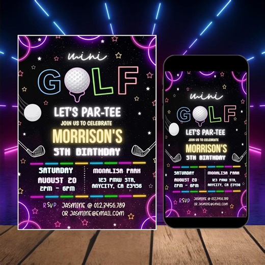 Mini Golf Birthday Invitation, Glow Party, Boy Girl Golf Party Invite, Golf Invitation, Let's Par Tee, Sports Birthday Party, Editable Canva - Etsy