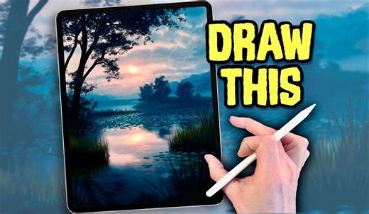 【Procreate】教你绘制这幅湖树太阳风景插画用系统自带笔刷 from James Julier Art Tutorials