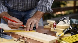 Adult carpenter craftsman with a pencil and the carpenter's square trace the cutting line on a wooden table. Construction industry, housework do it yourself. Footage slow motion.