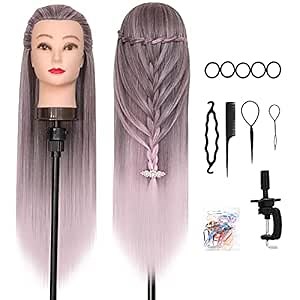 DANSEE Mannequin Head 28" Long Synthetic Fiber Hair Styling Training Head Manikin Cosmetology Doll Head Hair with DIY Braiding Set+ Free Table Clamp (Light pink)