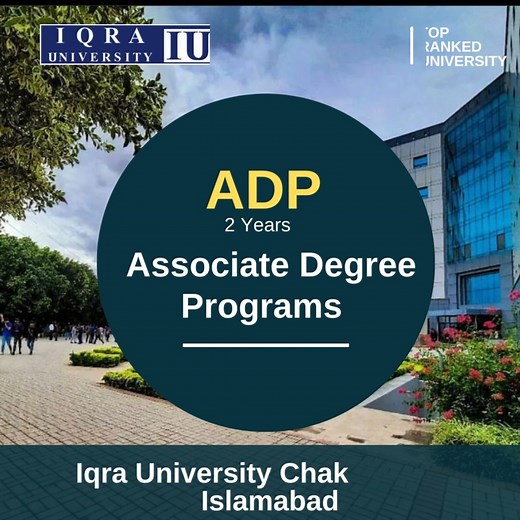 Get enrolled in our two-year HEC recognized 𝗔𝗗𝗣-𝗔𝘀𝘀𝗼𝗰𝗶𝗮𝘁𝗲 𝗗𝗲𝗴𝗿𝗲𝗲 𝗣𝗿𝗼𝗴𝗿𝗮𝗺𝘀. An associate degree is an undergraduate academic program that combines the necessary theoretical knowledge and technical skills required to gain meaningful employment or further studies. Apply now and take the first step towards a brighter future! 𝗥𝗲𝘀𝘂𝗹𝘁 𝘄𝗮𝗶𝘁𝗶𝗻𝗴 𝘀𝘁𝘂𝗱𝗲𝗻𝘁𝘀 𝗰𝗮𝗻 𝗮𝗽𝗽𝗹𝘆. 𝐀𝐩𝐩𝐥𝐲 𝐧𝐨𝐰: www.iqrauni.edu.pk For information and details, please write to admi