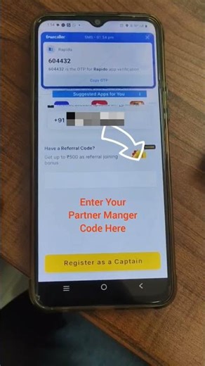Where To Enter Partner Manager app Code On Rapido Captain