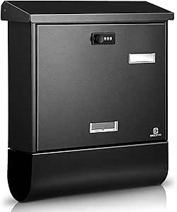 KINGCEPHAS Wall-Mounted Mailbox with Combination Lock,Newspaper Holder, Large Capacity, Waterproof Postbox with Newspaper Compartment, High Rust Resistance Letterbox,Mailboxes for Outside (Black)