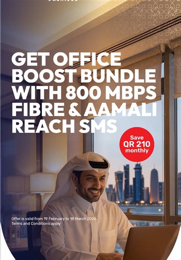 🔴 Shorter working hours? Slower pace in Ramadan? Exclusively this Ramadan, bridge the gap with 800 Mbps fibre Aamali Reach SMS Platform access and keep your business running at full speed. Save QR 210 every month for 12 months. Maximum Speed. Wider Reach. Available only until the end of Ramadan. Secure your bundle NOW: https://marketing.ooredoo.qa/LP=2087 #Ooredoo #ExperienceTogetherness⁩