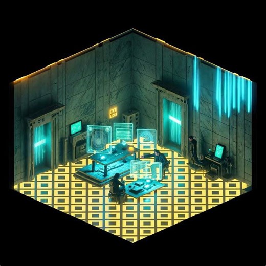 Isometric Cyberpunk Control Room in Motion