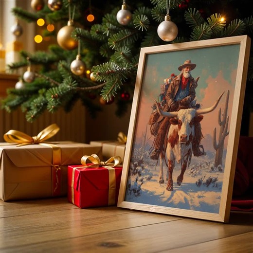 Western Cowboy Santa Riding Longhorn Steer Christmas Digital Art Print - Etsy