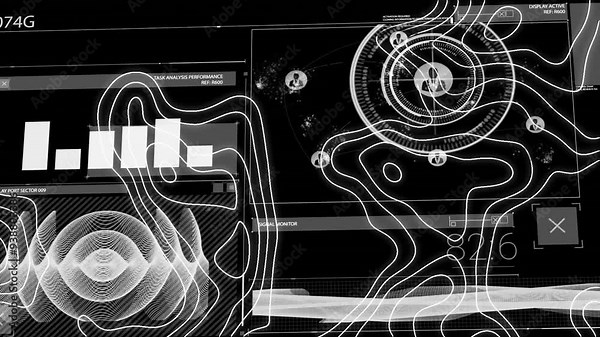Abstract lines and data processing animation over digital interface elements