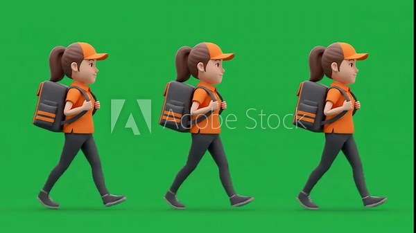 Animated Delivery Girl Walking Sequence on Green Screen for Food or Package Delivery Service