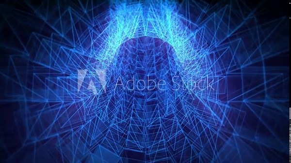 Looped background with flying through transparent blue tunnel made of hi tech glowing lines with soft shine and glow effect. Digital screensaver for computer science and music show. VJ loop, 4k, 60fps