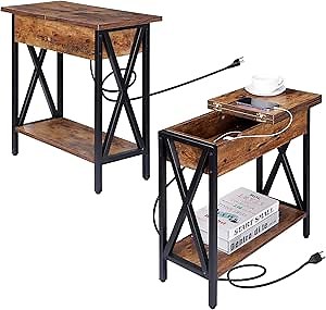 ZENY Set of 2 Side Table with Charging Station, Flip Top End Table with USB Ports and Outlets, Narrow Sofaside Table for Living Room Bedroom Small Spaces Like Apartment, Brown