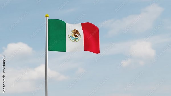 Mexico Flag Waving Animation with Realistic Fabric Texture Against Sky Background. Mexico flying flag with looping features. Mexico fluttering flag in the wind. Ideal for independence day.