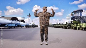 Full Body Of Asian Man Soldier Smiling And Flexing His Bicep While Standing At Military Camp