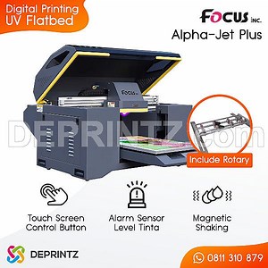 Distributor Supplier Importir Mesin Printer UV Flatbed FOCUS Alpha Jet Plus Mesin UV Terbaik dan Bergaransi | Print Semua Media Seperti Botol, Tumbler, Keramik, Akrilik, Kayu, Koper, E toll, Case Hp