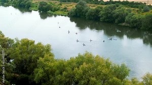 Aerial drone view of multiple people doing standup paddleboarding on the Dniester in Moldova. Lush forest on the both sides of the river