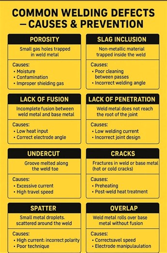 🔧 Common Welding Defects – Causes & Prevention Visit weldfabworld.com Follow Technical Master Welding defects can seriously affect strength, safety, and service life of structures. Understanding their causes and preventive measures is essential for welders, inspectors, and QA/QC professionals. --- 🔹 1. Porosity 🧑‍🏭🧑‍🏭 Description: Small gas holes trapped in weld metal. Causes: Moisture, contamination, improper shielding gas. Prevention: Clean base material, dry electrodes, correct gas flow