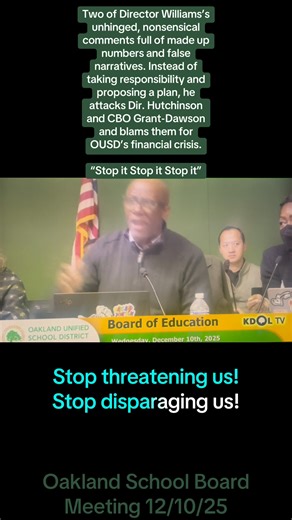 Since Directors Williams was first elected to the school board five years ago there have been a number of incidents due to his often questionable behavior and comments. He brags about not reading any materials before meetings and often demonstrates a lack of understanding about how OUSD works. In the video are two of his nonsensical comments from last week’s school board where he made up facts and false narratives in an attempt to blame me and CBO Lisa Grant-Dawson for OUSD’s financial crisis. B