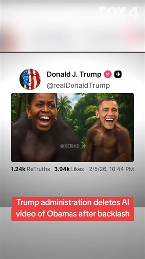 A video shared by President Trump portraying the Obamas as apes is drawing widespread criticism. Yale professor Phillip Atiba Solomon says the ape comparison has long been used to stereotype Black people "as lazy, dim and aggressive" and to "justify violence against many oppressed groups." The White House called criticism of the video "fake outrage," but later said a White House staffer "erroneously made the post" and that it had been taken down. | FOX 4 News