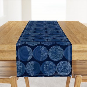 Japanese Inspired Table Runner - Sashiko Moons Indigo Blue Asia Outer Space Cotton Sateen Table Runner - Sashiko Moon Phases by Hnldesigns - Etsy