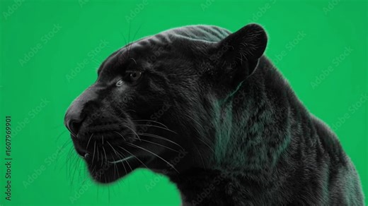 A black panther with mouth wide open showing teeth on a green screen background close up view green screen animal video