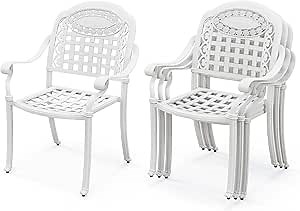 Giantex Stackable Outdoor Chairs Set of 4, All Weather Cast Aluminum Patio Chairs for Lawn Porch Garden Yard, Bistro Dining Chairs with Armrests, Adjustable Foot Pads, Easy Assembly, White