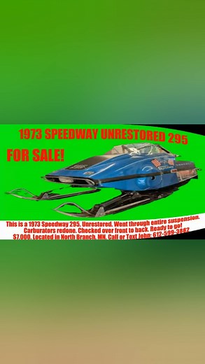1973 Speedway Snowmobile For Sale Call/Text John 612-599-3882 - Click for your video: https://bit.ly/4nPVUIL | Snowmobile City USA - First Ride 1959 | Facebook