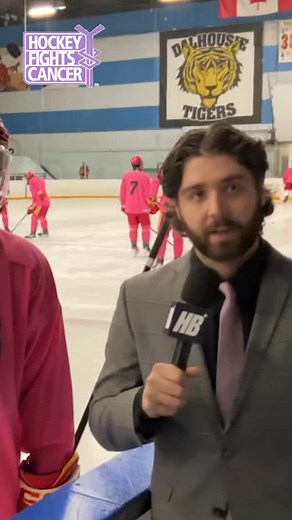 Sam Flemming & Jesse Sinclair join our very own Logan Carruthers rink side at The @hfxmacs Hockey Fights Cancer night 🎗️ | High Button Sports