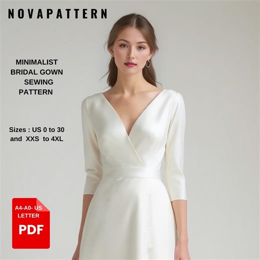 Minimalist Bridal Gown Sewing Pattern | Elegant Wedding Dress PDF | Long Sleeve Wrap Dress Pattern | Simple Satin Gown | DIY Bridal Sewing - Etsy