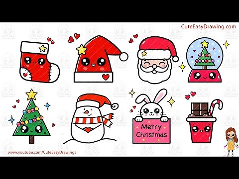 How to Draw Cute Christmas Stocking, Tree, Snow Globe, Santa, Hat, Bunny, Chocolate, and Snowman ☃️