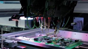 Automation machine equipment for quality testing of printed circuit boards - flying probe test at factory. Automated technology, industrial, robotic, electronic, production, manufacturing concept