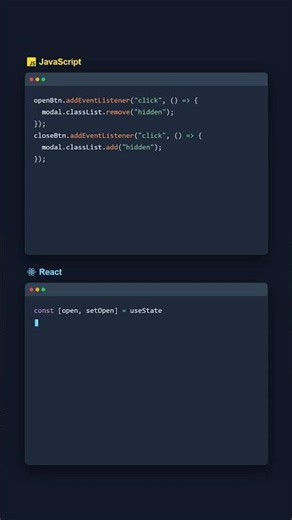 Modal Toggle: JavaScript vs React\n\nReact simplifies modals by conditionally rendering the component