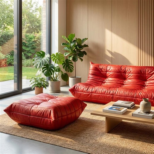 Postmodern Red Leather Modular Loveseat Ottoman | Quilted Floor Sofa Set - Etsy