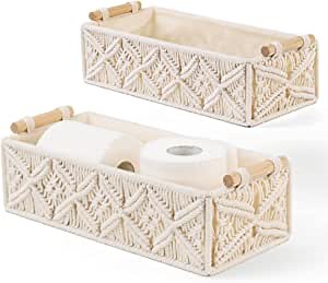 TIMEYARD Macrame Storage Baskets for Toilet Paper, Small Decorative Shelf Baskets for Bedroom, Bathroom, Living room, Boho Decor Box for small items, Set of 2, Beige