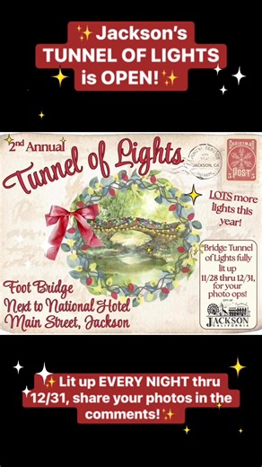 ✨ Be sure to visit our TUNNEL OF LIGHTS, lit up every night through 12/31! Next to the National Hotel, on Main Street in Jackson. Share your Tunnel of Lights photos in the comments, to be featured in upcoming reels! ✨ | City of Jackson- California
